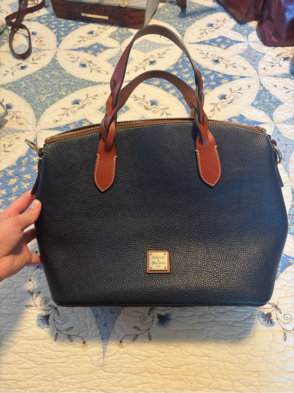 Dooney & Bourke Navy Blue Leather Satchel with unique braided Brown Handles